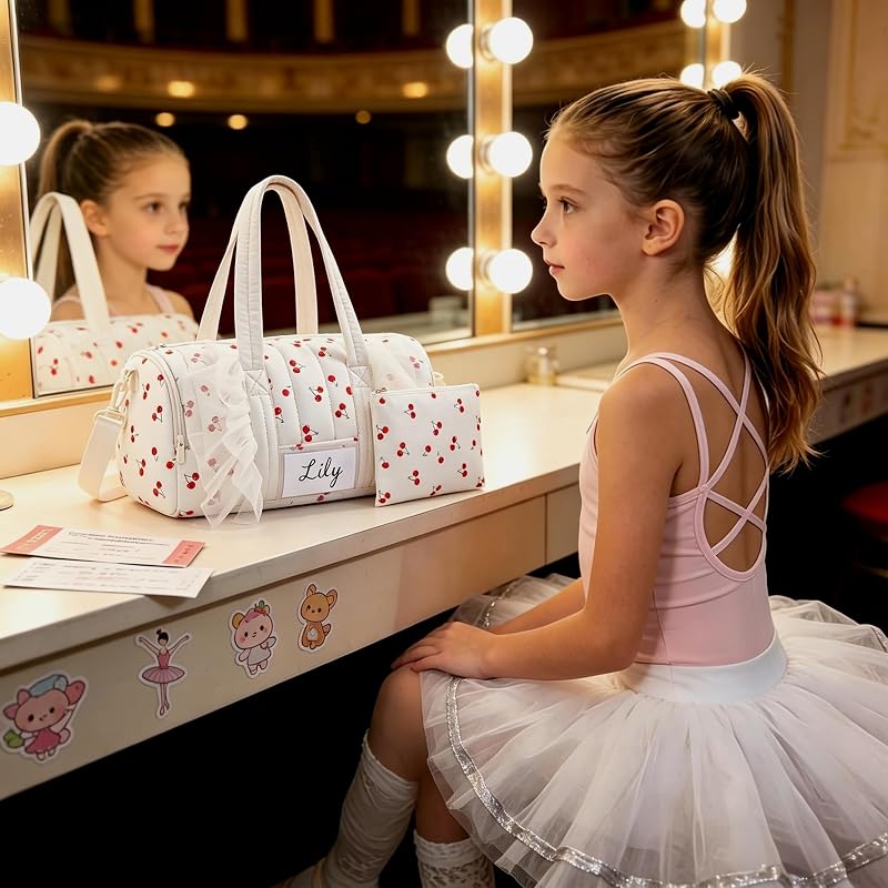 Mommore Puffy Ballet Dance Bag for Girls 6-10 with Makeup Bag - Beige, Small