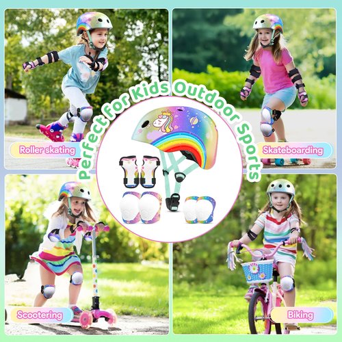 Vvinca Kids Toddlers Bike Helmet Adjustable for Ages 3-5-8 Years, Knee Pads and Elbow Pads Set Wrist Guard Sports Protective Gear Set for Roller Skate Bicycle Skateboard Scooter Girls Birthday Gift