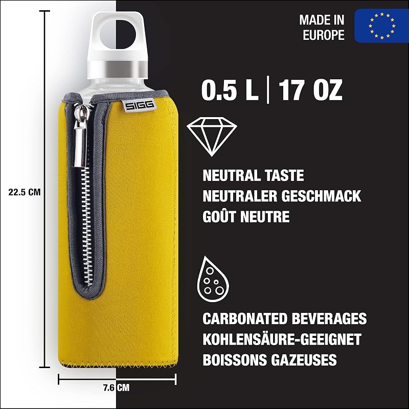 Sigg Stella Glass Water Bottle 17 oz with Neoprene Sleeve - Yellow - Leakproof & Dishwasher Safe