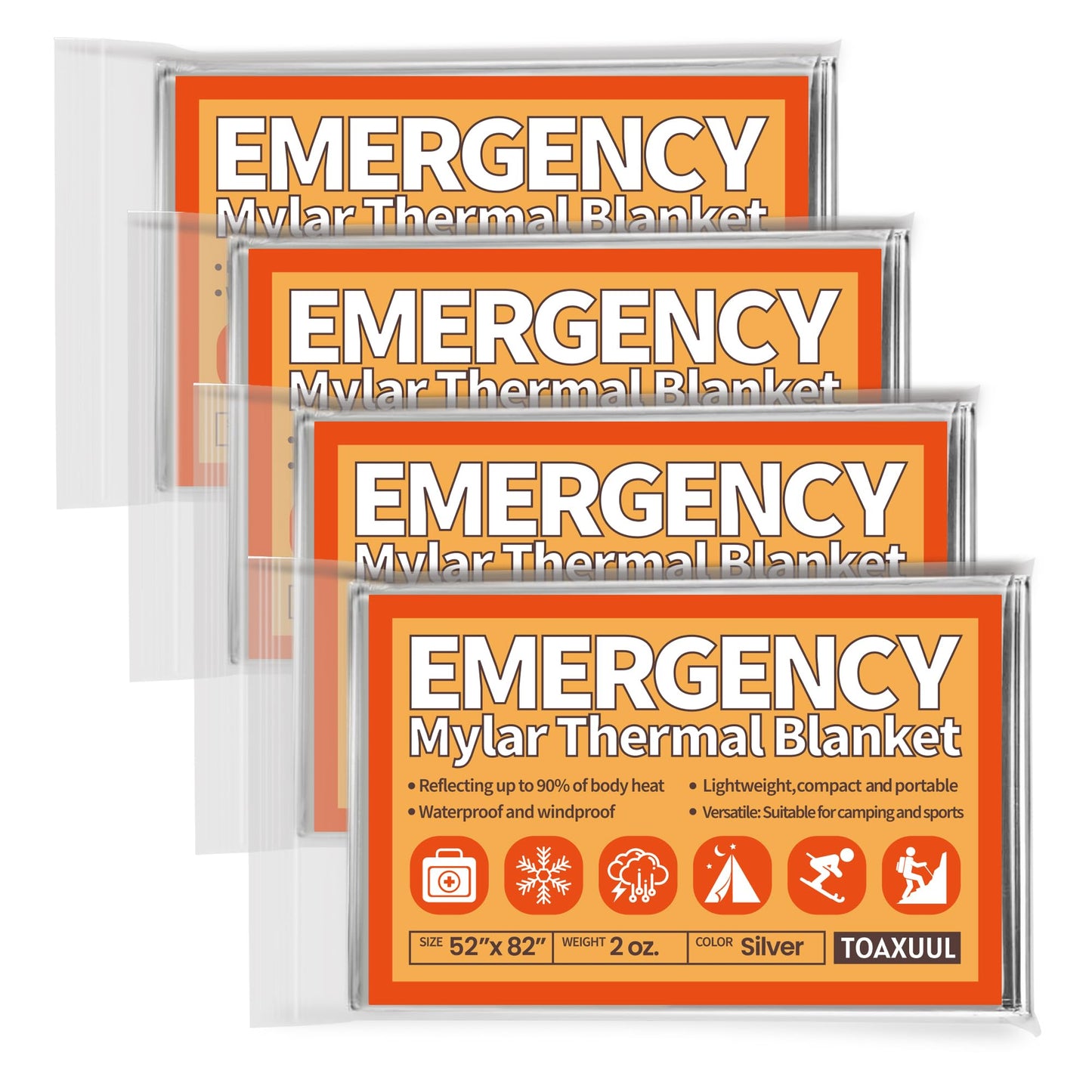 TOAXUUL Emergency Blanket 4 Pack, Reflective Thermal Blanket, Space Mylar Blankets Survival Gear,82" X 52"