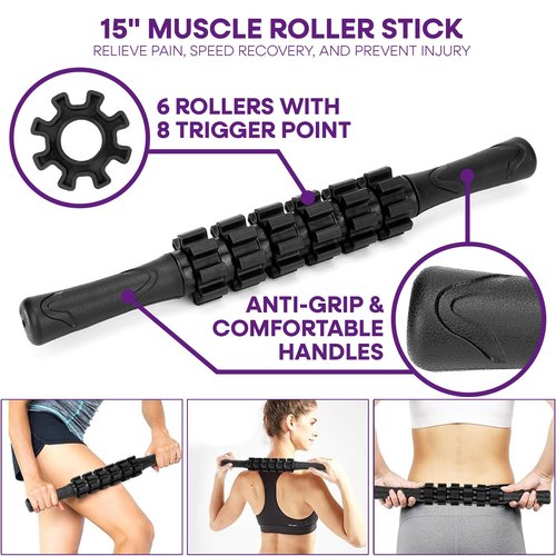 6-Piece Foam Roller Massage Set – Deep Tissue Muscle Recovery Kit with Massage Stick, Massage Balls & Stretch Strap – Includes Carry Bag – Black/Blue