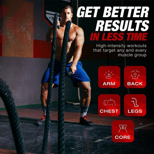 Pro Battle Ropes with Anchor Strap Kit and Exercise Poster – Upgraded Durable Protective Sleeve – 100% Poly Dacron Heavy Battle Rope for Strength Training, Cardio Fitness, CrossFit Rope (1.5” x 30 ft)