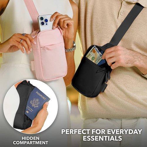 Mini Sling Bag Crossbody Fanny Pack Men & Women - Switchable Strap, RFID Blocking, Water-Repellent,Hidden Pocket - Chest Purse for Travel, EDC, Phone Holder, Small Shoulder pouch (Black)