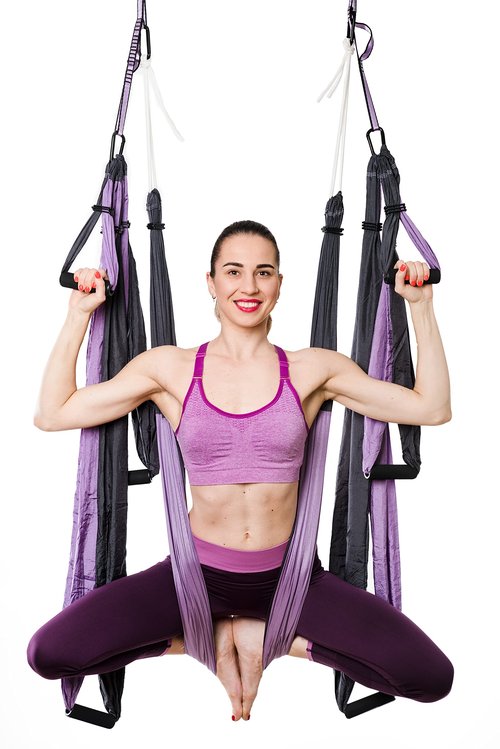 Yoga4You Aerial Yoga Swing Set - Yoga Hammock Hanging Swing - Aerial Sling Inversion Fly Kit - Acro Yoga Inversion Tool - Antigravity Yoga Sling - Suspension Trapeze (Lilac-Grey)