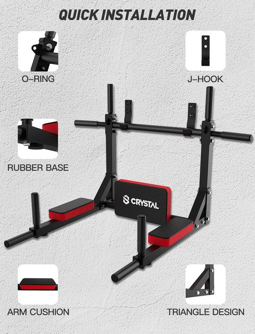CRYSTAL FIT Multifunctional Wall Mounted Pull Up Bar, Chin Up Bar and Dip Station, Heavy Duty Steel Supports to 440 Lbs, Home Gym Workout Indoor Power Tower Set Training Equipment Fitness