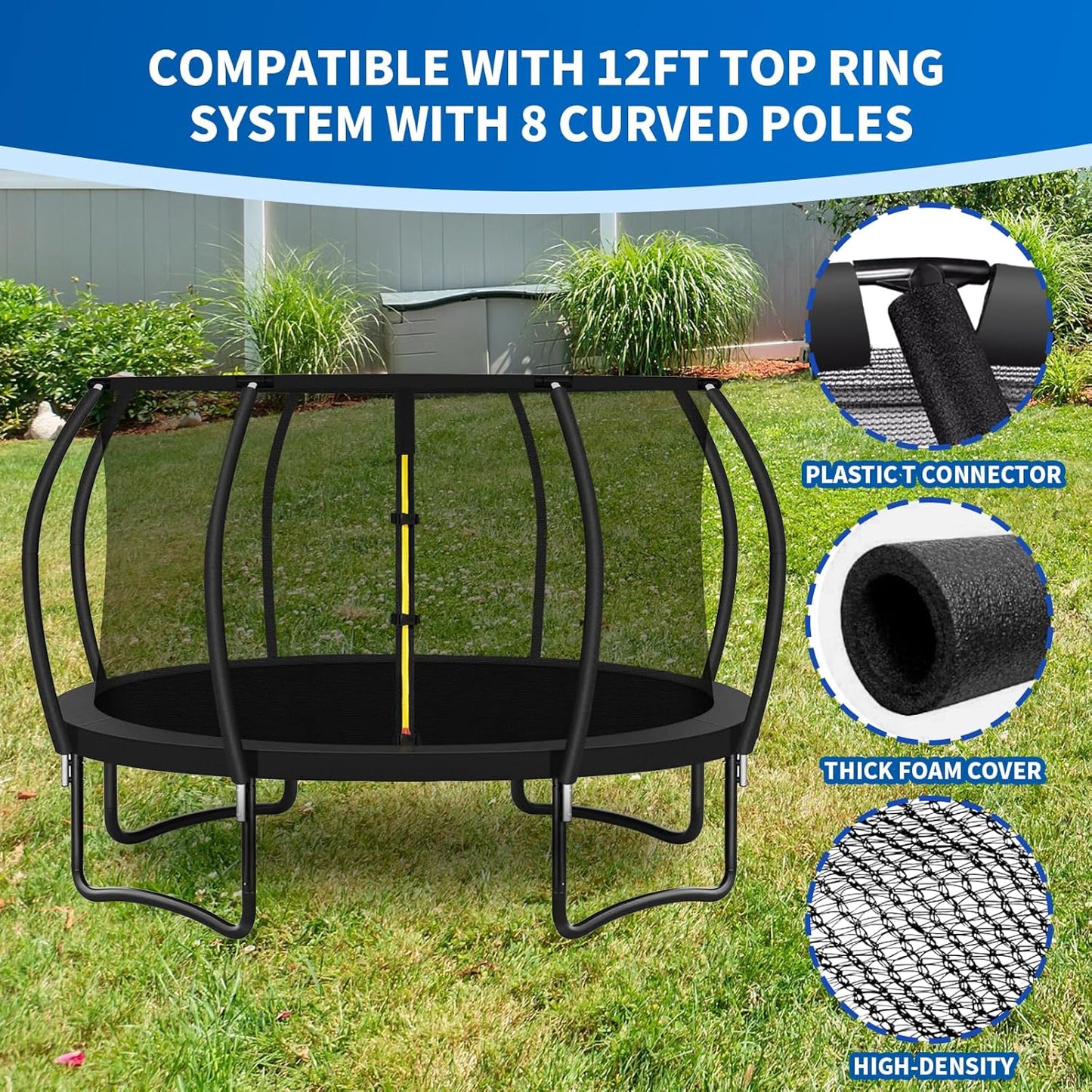 12Ft 8 Trampoline Curved Poles Replacement with Enclosure Net, Trampoline Curved Pole, Plastic T Connector, Fiberglass Rods, Mounting Hardware, Foam Covers