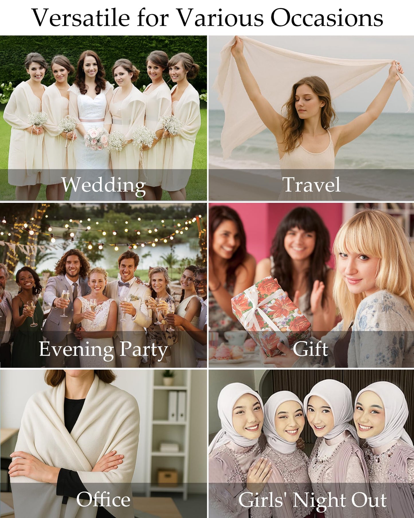 Women's Solid Chiffon Scarves Shawls Wraps for Bridal Wedding Party Evening Dress Gifts (White)