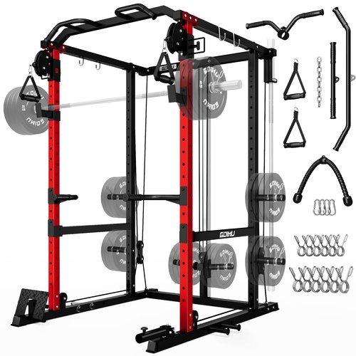Goimu R1-V4 Power Cage Rack, 2000LB Squat Rack with Cable Crossover System, Multi-Function Weight Cage, Home Gym Workout Machine with More Training Attachments (R1-V4-Power Cage RD)