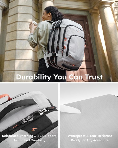 Tolaccea Travel Backpack, TSA Friendly Flight Approved Carry-on Luggage Water-resistant Business Rucksack, Durable Large Computer Bag Daypack Fits 15.6 Inch Laptop, 35-45L Expandable - Grey