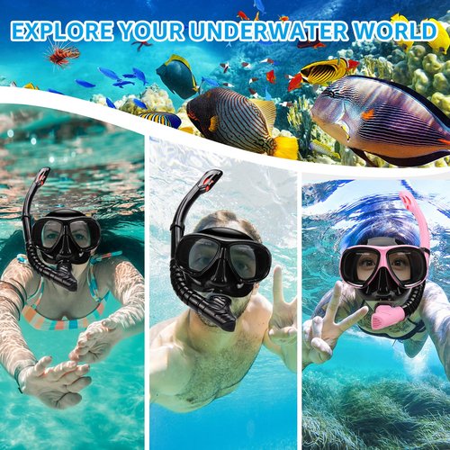 Snorkeling Gear for Adults, Snorkel Mask Adult Set Wide View Scuba Mask Anti-Leak and Anti-Fog Tempered Glass Lens Dry Top Mask Nose Cover for Youth (Black)