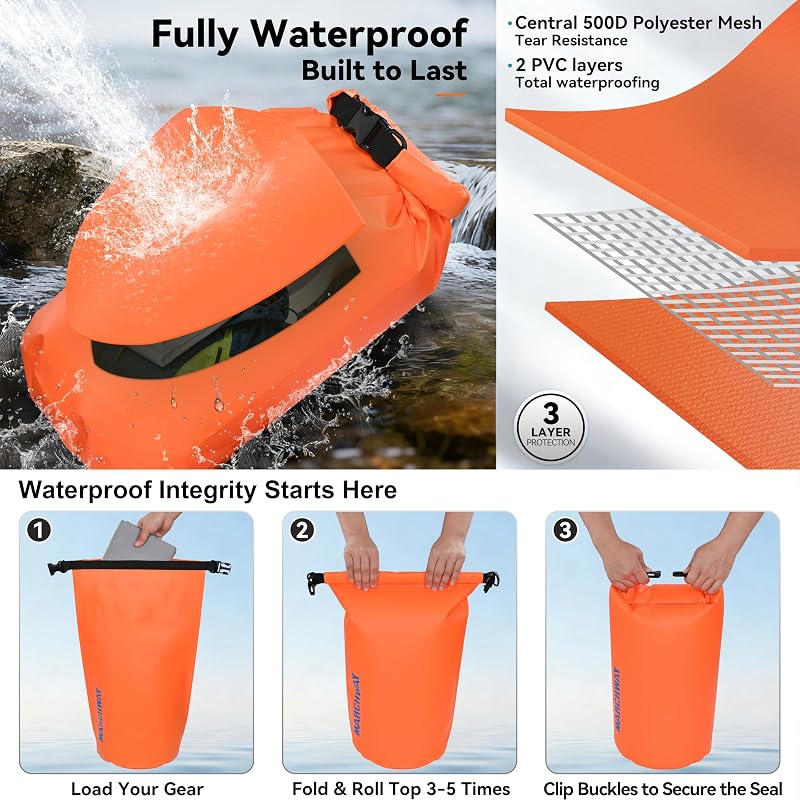 MARCHWAY Waterproof Dry Bag Backpack 5L-40L, Roll Top, Floatable 20L Deep Orange