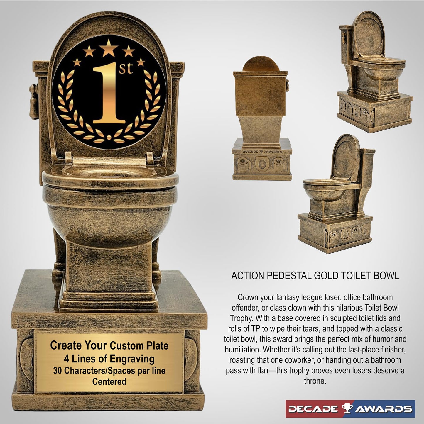 Decade Awards Personalized 1st Place Toilet Trophy - Engraved Action Pedestal First of The Worst Award - #1 Loser Award - Customize Now (1ST-7 Inch)