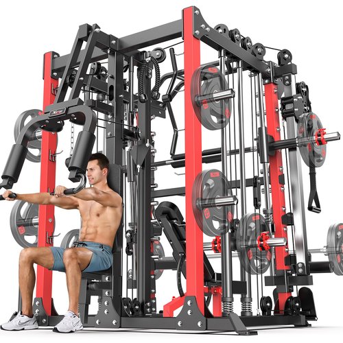 Power Cage Smith Machine Power Rack Multifunctional Deep Squat Rack Cable Crossover System Selectable More Training Attachment for Garage & Home Gym (RED, B Set L07 Smith Machine+Weight Bench)