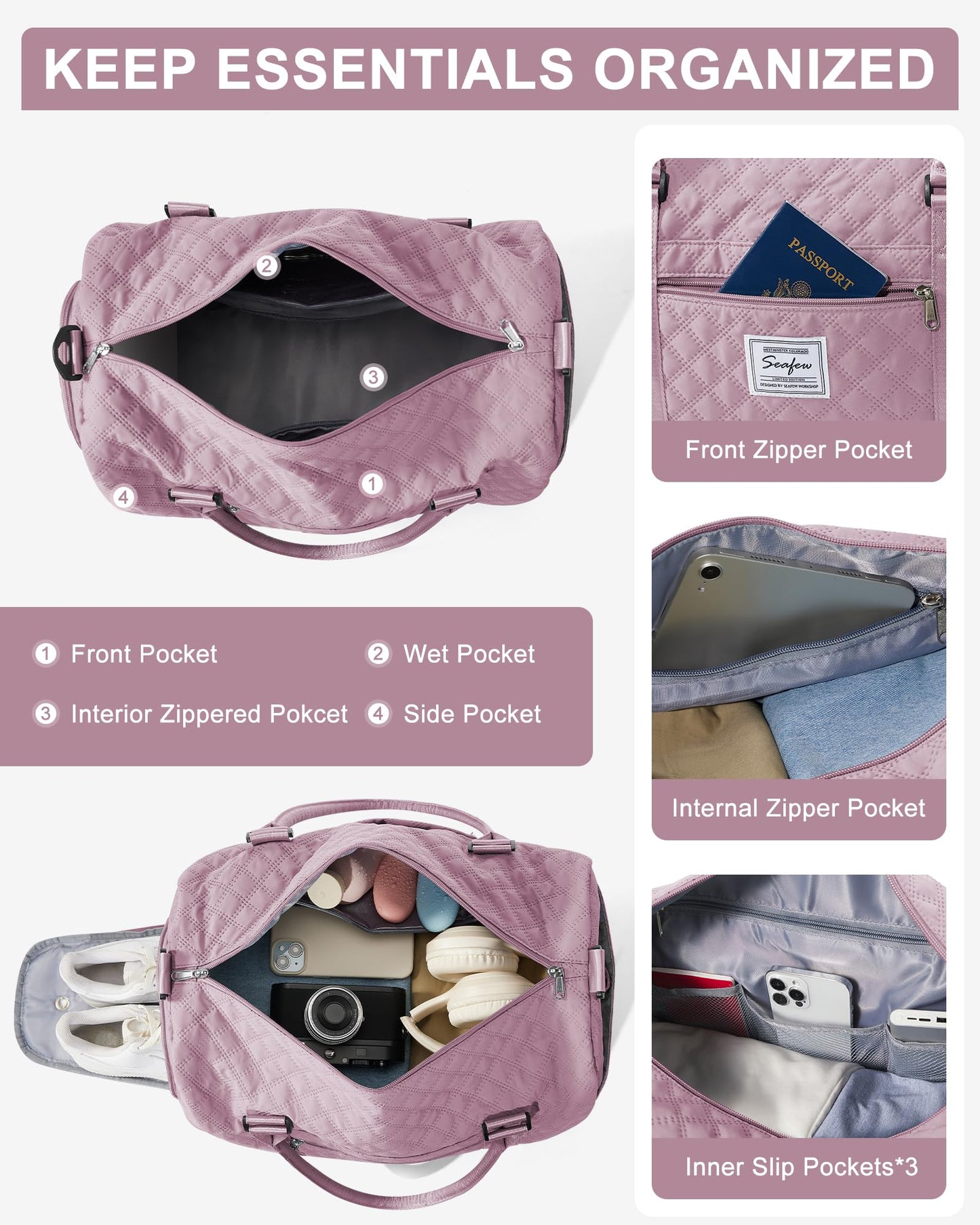 Gym Duffle Bag for Women with Shoe Compartment Waterproof Travel Tote Bags Personal Item Carry On Weekender Overnight Bags with Toiletry Bag Swimming Yoga Bags Hospital Holdalls Purple
