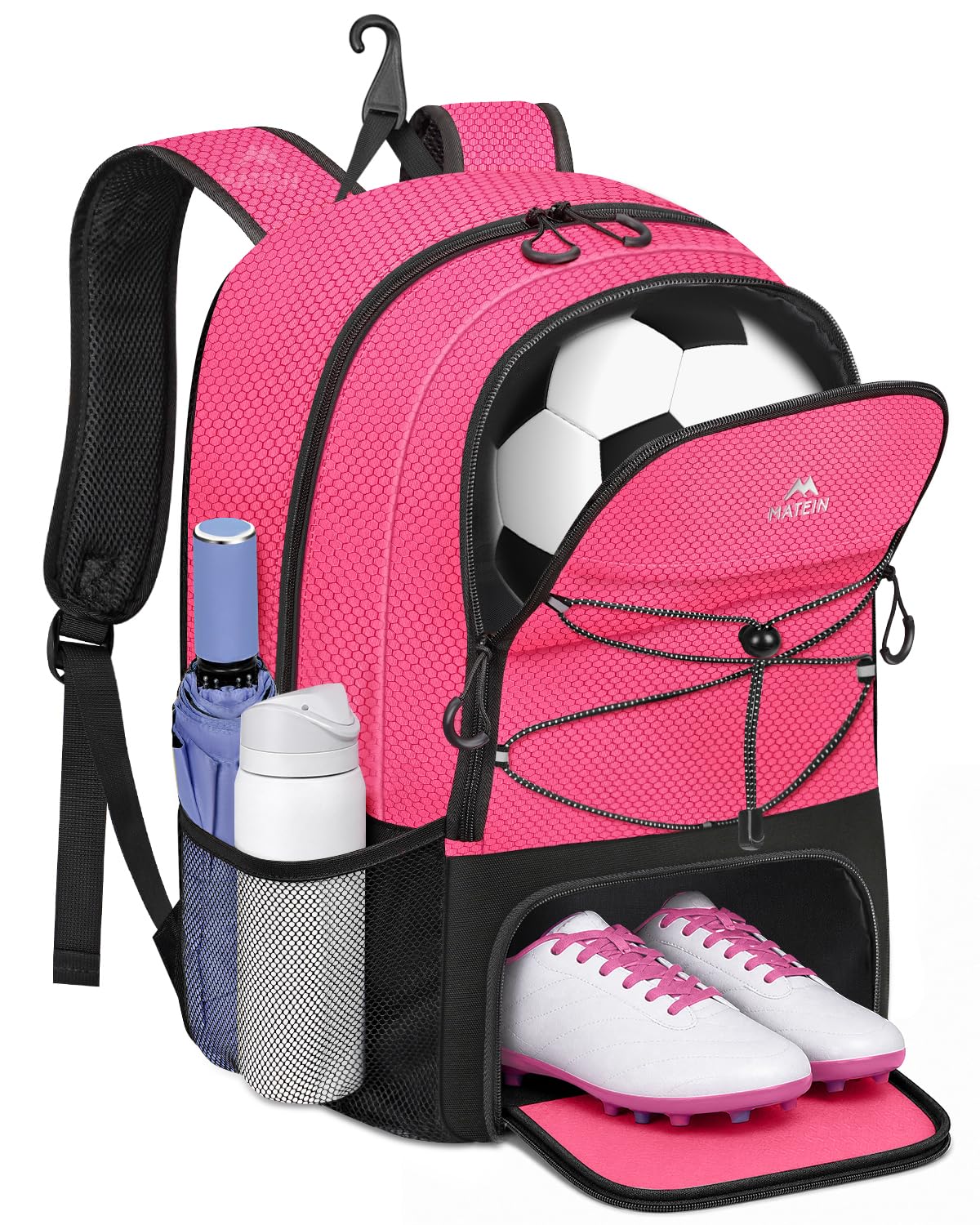 MATEIN Girls Soccer Backpack, Large Basketball Bag with Ball Holder & Shoe Compartment for Tournament & Game Day, Lightweight Youth Sports Bag with Fence Hook Fits 15.6 Inch Laptop, Soccer Team Gifts