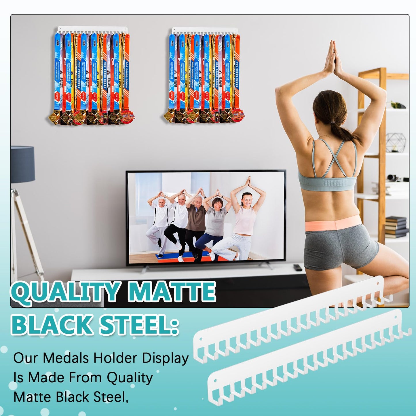Geetery 2 2/4 Pack Medal Hanger Display with 20 Hooks Each, Steel Wall Mount Medal Holder Rack Holds 60+ Awards for Marathon Running Soccer Wrestling Gymnastics Swimming, Easy to Install (White)