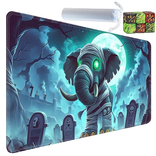 Yuxcfhjfe Playmat for MTG, 24x14 Inches, for TCG and CCG Trading Card Game Mat, Non-Slip Rubber for MTG Playmats with Storage Bag and 6 Dice Set, Mummy Elephant in The Cemetery