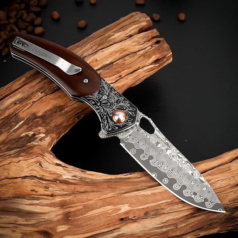 Damascus Pocket Knife with Rosewood Handle & Leather Sheath - 8.07in, DMPH