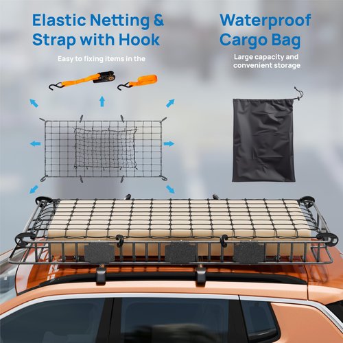 Bonnlo 250lbs Extendable Rooftop Cargo Carrier,84 * 39 * 5.5inch Universal Roof Rack Basket with Rubber Net,Storage Bag,Straps and Footrest,for SUV/Truck/Van