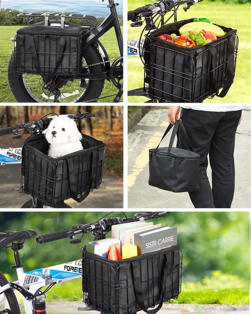 Zacro Bike Basket Front/Rear, Folding Bicycle Basket with Removable Liner Bag, Large Quick Release Design Metal Ebike Basket for Adult Women/Men Carrying Dogs, Pets, Fruit & Grocery
