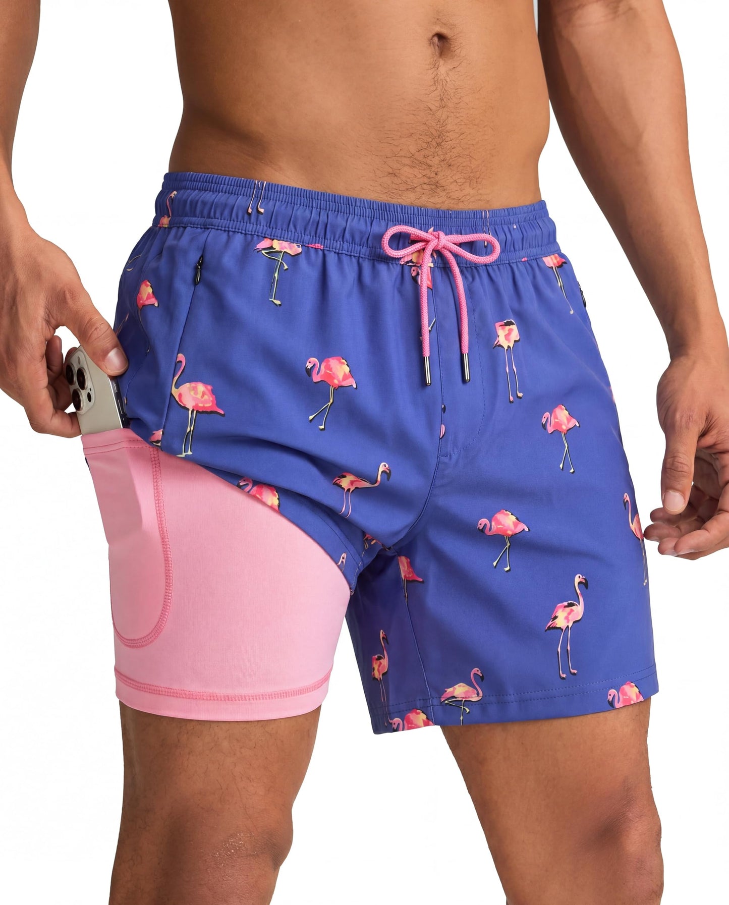 maamgic Mens Swim Trunks with Compression Liner 5 Inch, Quick Dry Bathing Suit with Zipper Pockets, Stretch No-Chafing Swim Shorts, Blue-Pink Flamingo Medium