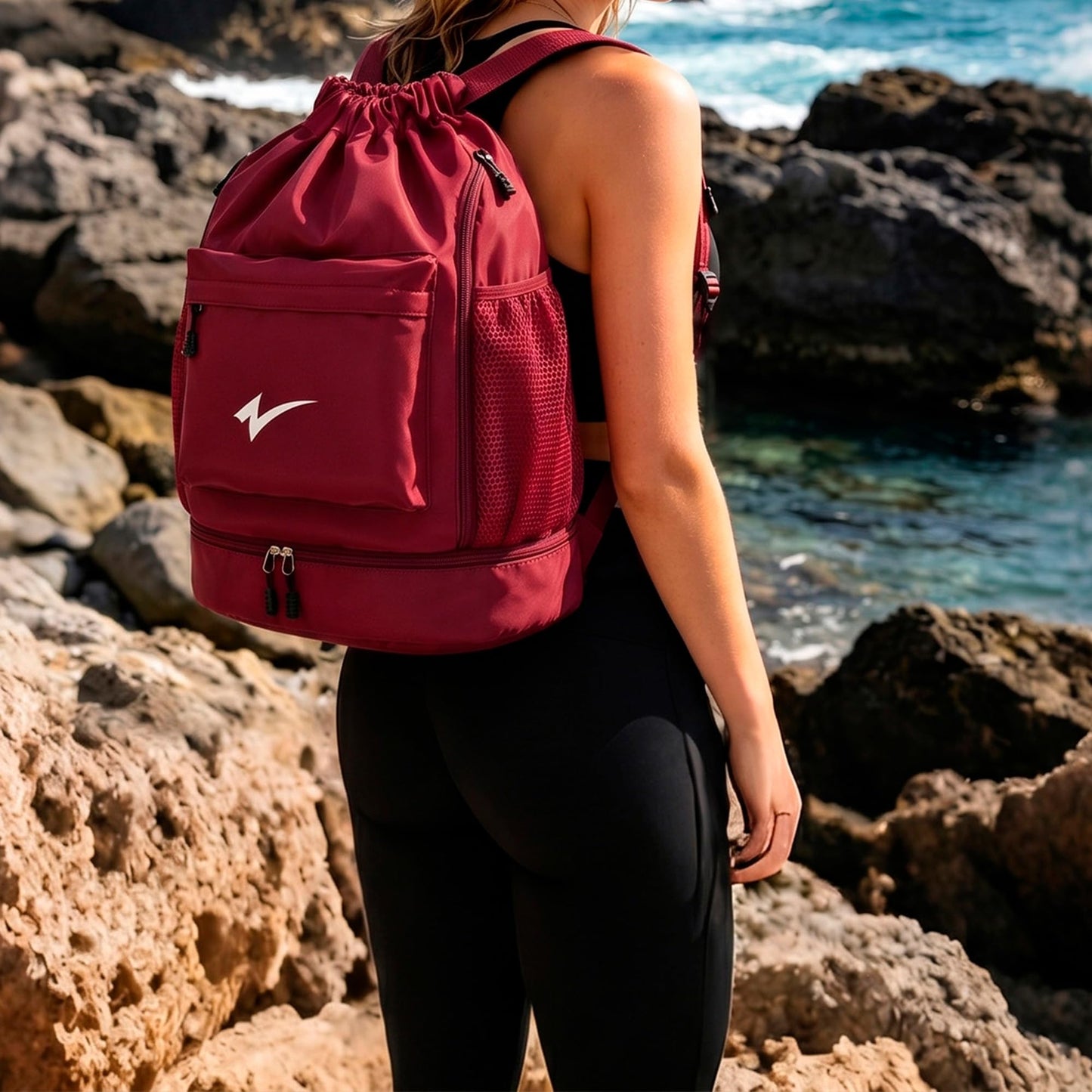 U·helper Sport Drawstring Backpack, Gym Bag with Mesh Side Pockets and Separate Shoe Compartment, Water-Resistant (Khaki)