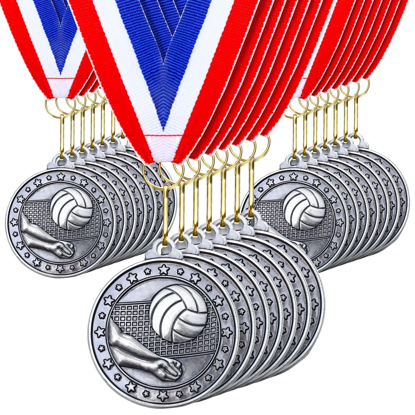 Remuuly 30 Pcs Silver Medals Bulk 2'' Basketball Soccer Volleyball Hockey Medals for Awards Metal Trophy with Neck Ribbons for Sports Participation Winner Tournaments Gift(Volleyball)