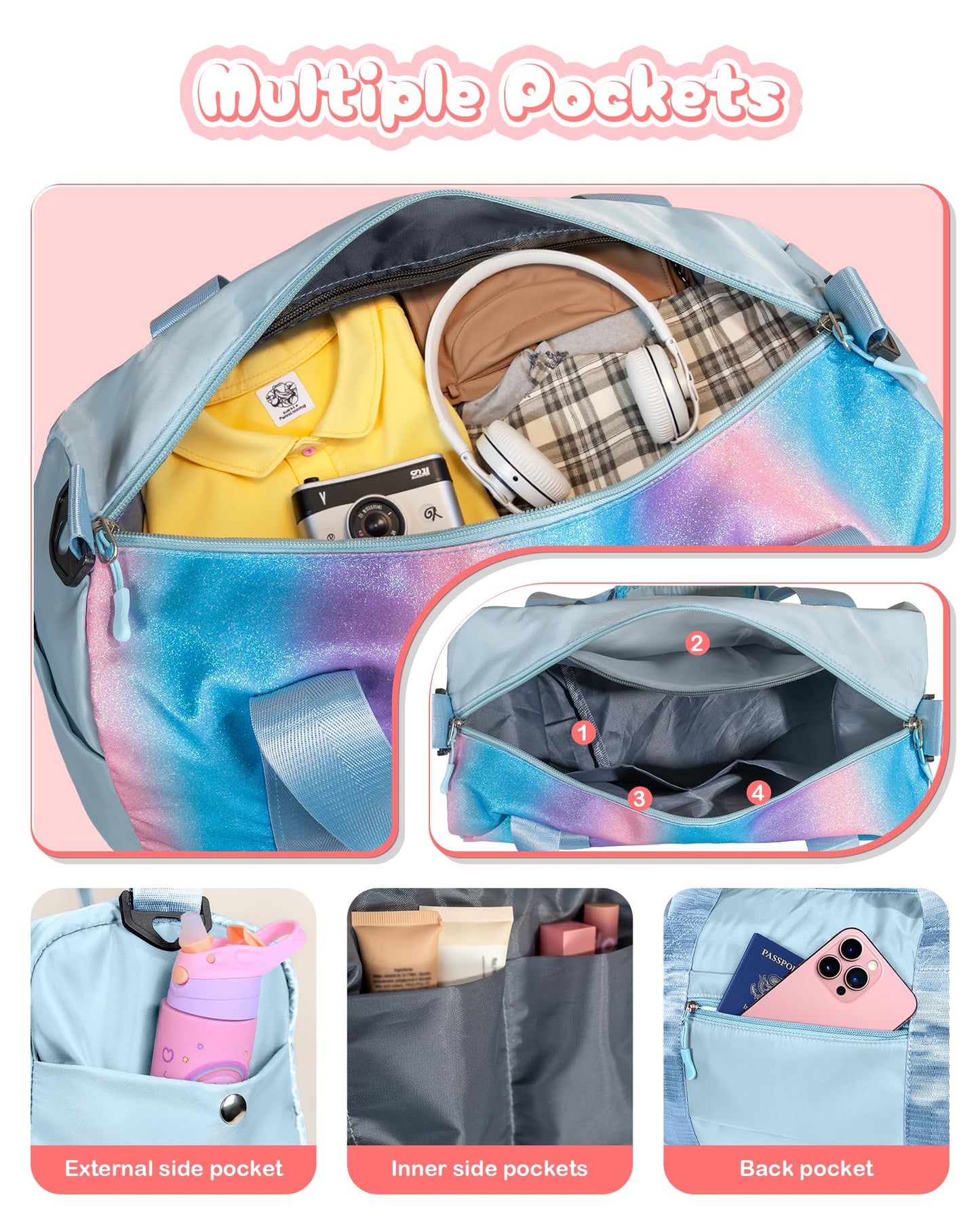Vogewood Birthday Gifts for Granddaughter-Girl Gym Bag with Shoe Compartment, Kid Personalized Weekender Overnight Bags, Initial Travel Tote with Makeup Pouch Valentine's Day Gift for Kids (Letter I)
