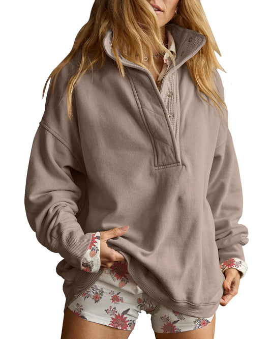Gacaky Sweatshirt for Women Oversized Casual Long Sleeve Button Henley Neck Pullover Tops Fashion Outfits Clothes Coffeegrey M
