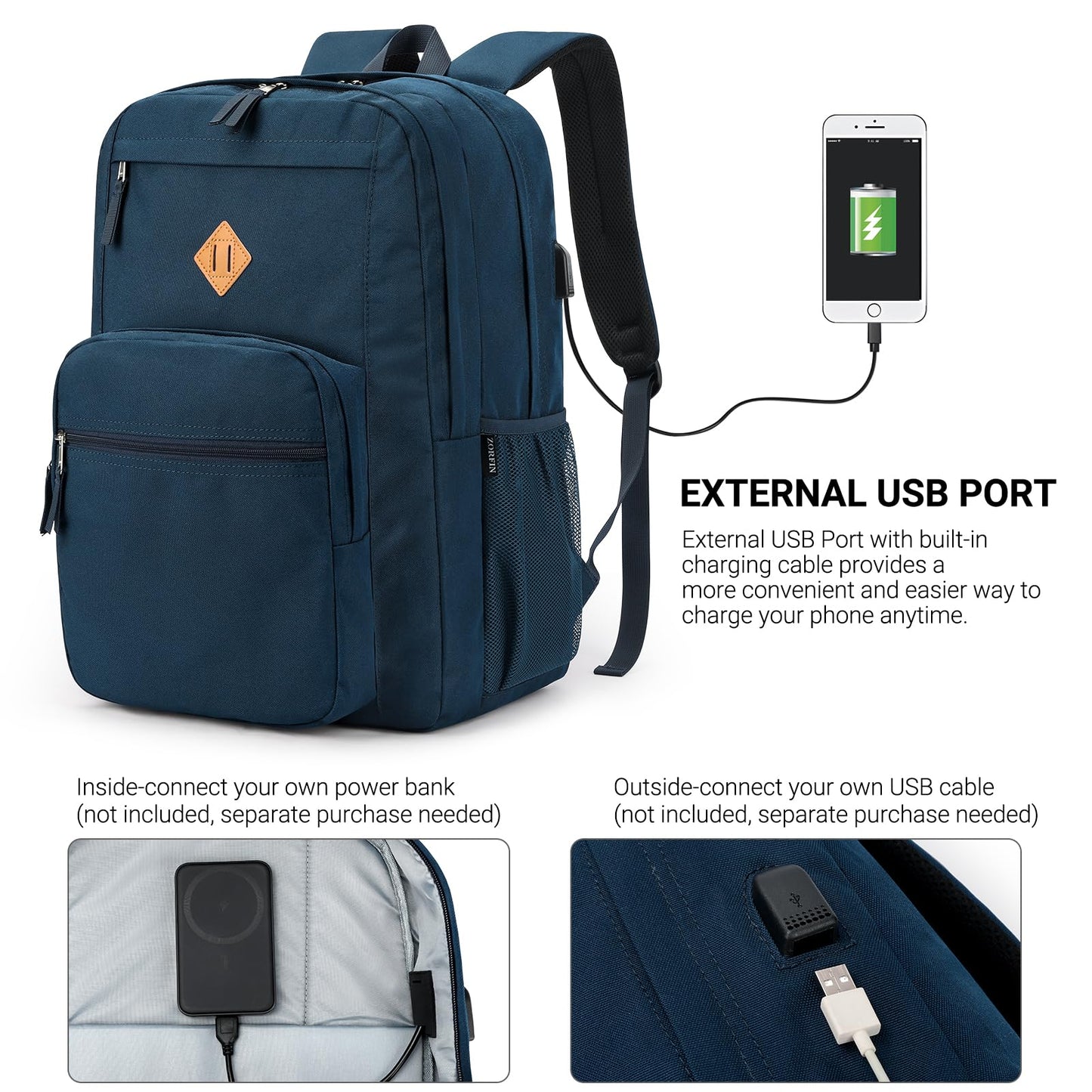 ZORFIN 36L Backpack for College, and Travel: Water Resistant Bookbag - Steel blue