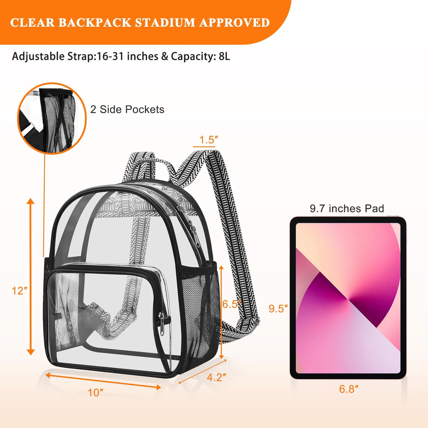 Lyingflat Clear Bag for Stadium Events 12x12x6 Small Clear Backpack Stadium approved for Festival Concert Sport Events Work Travel, Black Guitar