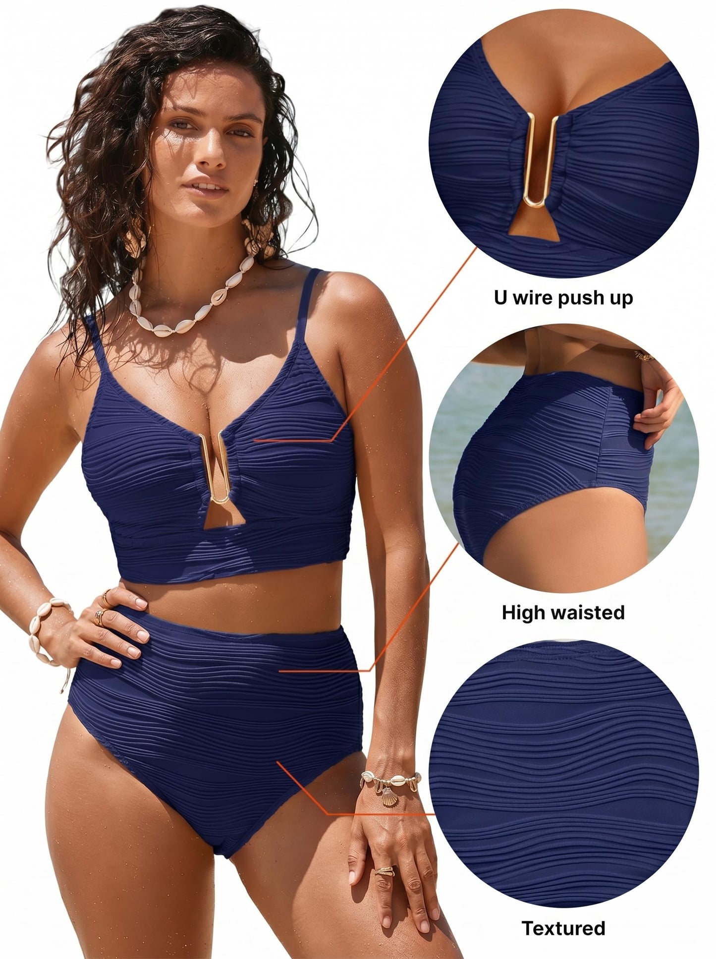Herseas Women's Ribbed Bikini Set Spaghetti Strap U Wire V Neck 2 Piece Swimsuits High Waisted 2026 Beach Fashion Outfits Crisscross Back Beautiful Bathing Suit Navy Blue Large