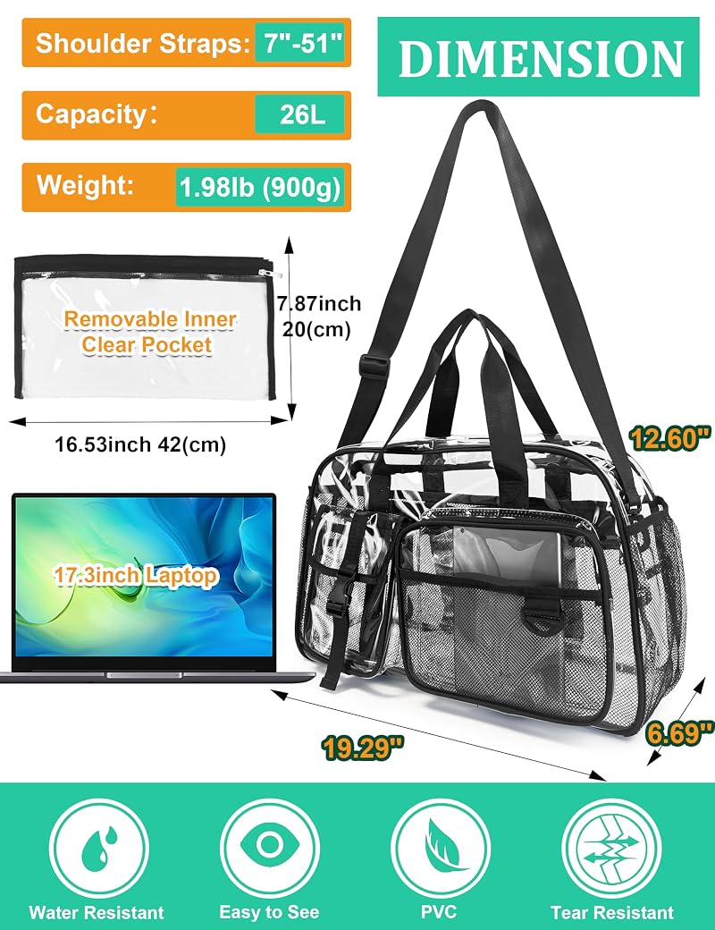 Large Clear Tote Bag 19" Luggage Carry-On with 10 Pockets, PVC Beach & Travel Bag