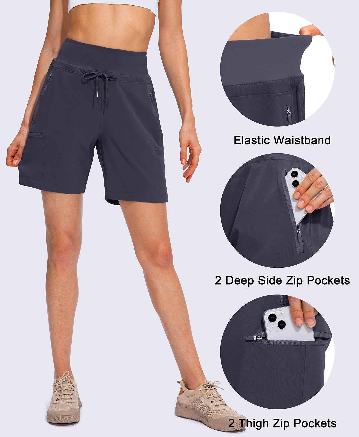 Obla Women's Hiking Cargo Shorts Zipper Pockets Soft High Waisted Quick Dry 7 Inch Long Shorts for Women Golf Athletic Summer (Dark Grey_L)