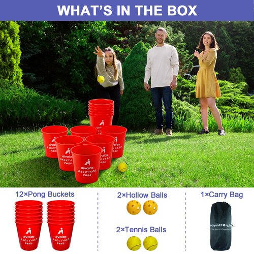 Aivalas Yard Pong Outdoor Games, Giant Yard Games Set with 12 Buckets and Balls for Adults and Family, Toss Game Throwing Games for Beach, Camping, Lawn and Backyard