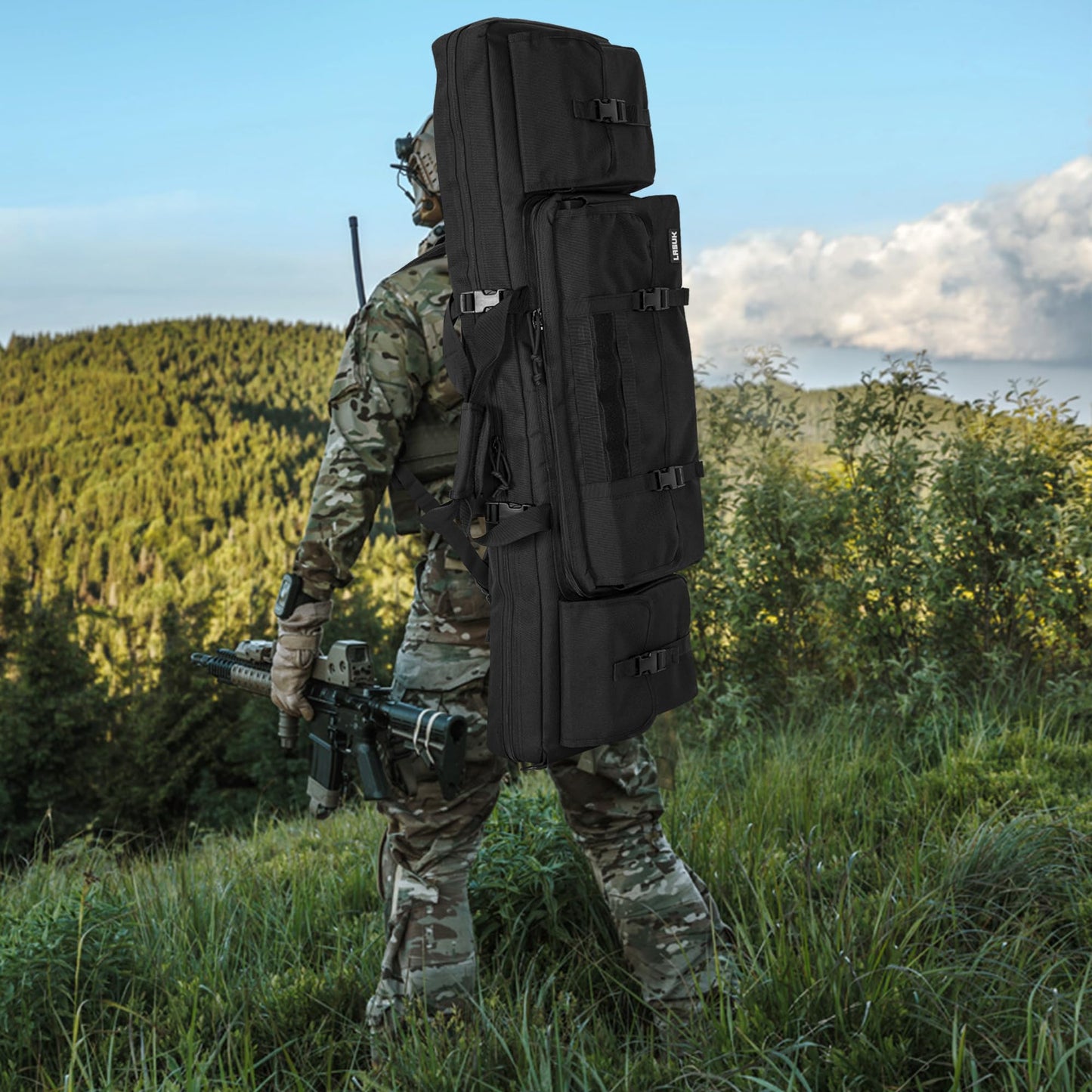 LASUK 55" Double Rifle Case Soft Gun Bag Tactical Backpack, Black