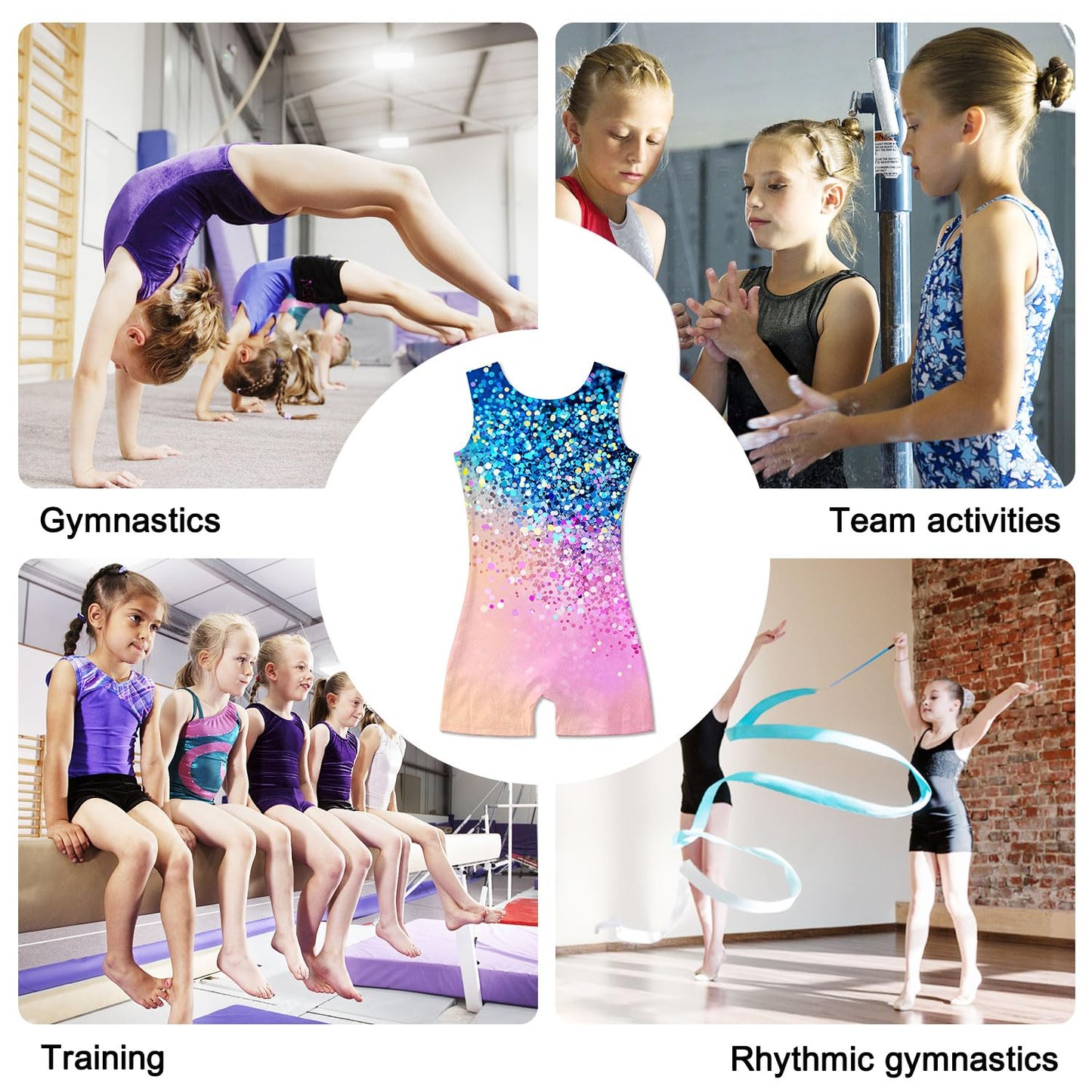 Funnycokid Gymnastics Leotards for Girls Sparkly Outfits Dance Clothes Unitards with Shorts, Diamond Blue Light Pink, 9-10 Years
