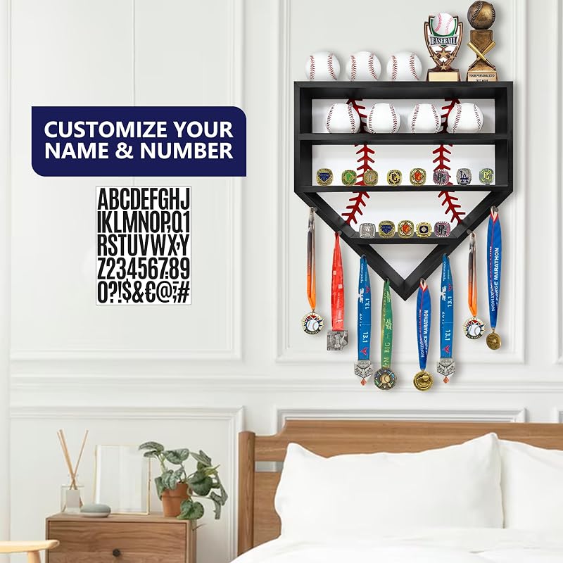 Montex Black Baseball Ring Display Case Wall Mount — Wooden 13 Ring Posts