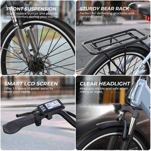 Funhang Electric Bike for Adults, 1000W Peak EBike, 50 Miles 21.7MPH Adult Electric Bicycles with 48V Built-in Removable Battery, Adjustable Stem, Rear Rack, 7 Speed, 26" Step-Thru E Bike for Commute