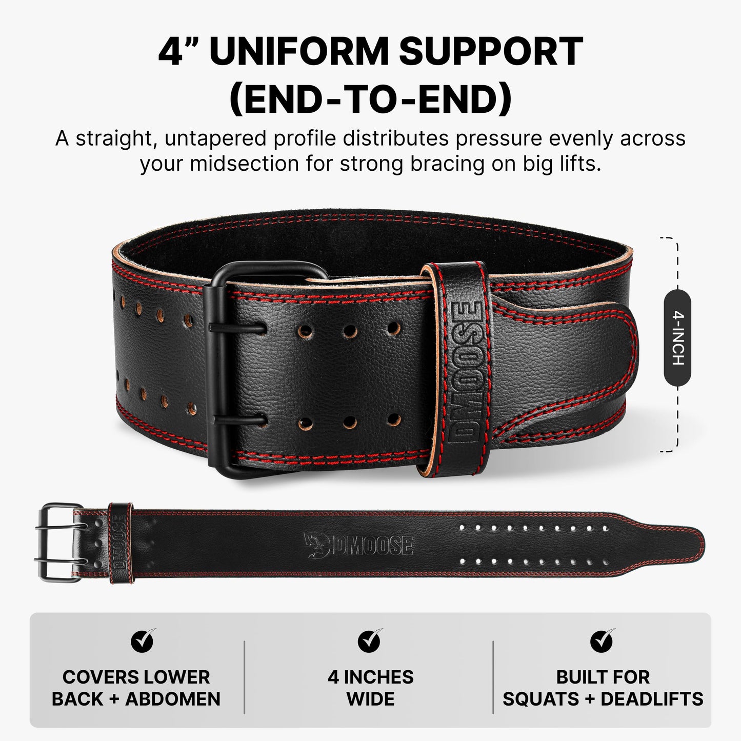 DMoose Weight Lifting Belt for Men Genuine Leather for Men and Women, 4 Inch Wide, Adjustable Buckle, 5MM Thick for Weightlifting, Workout, Gym, Squat, Deadlift, Great Lower Back Support (Black/Red S)