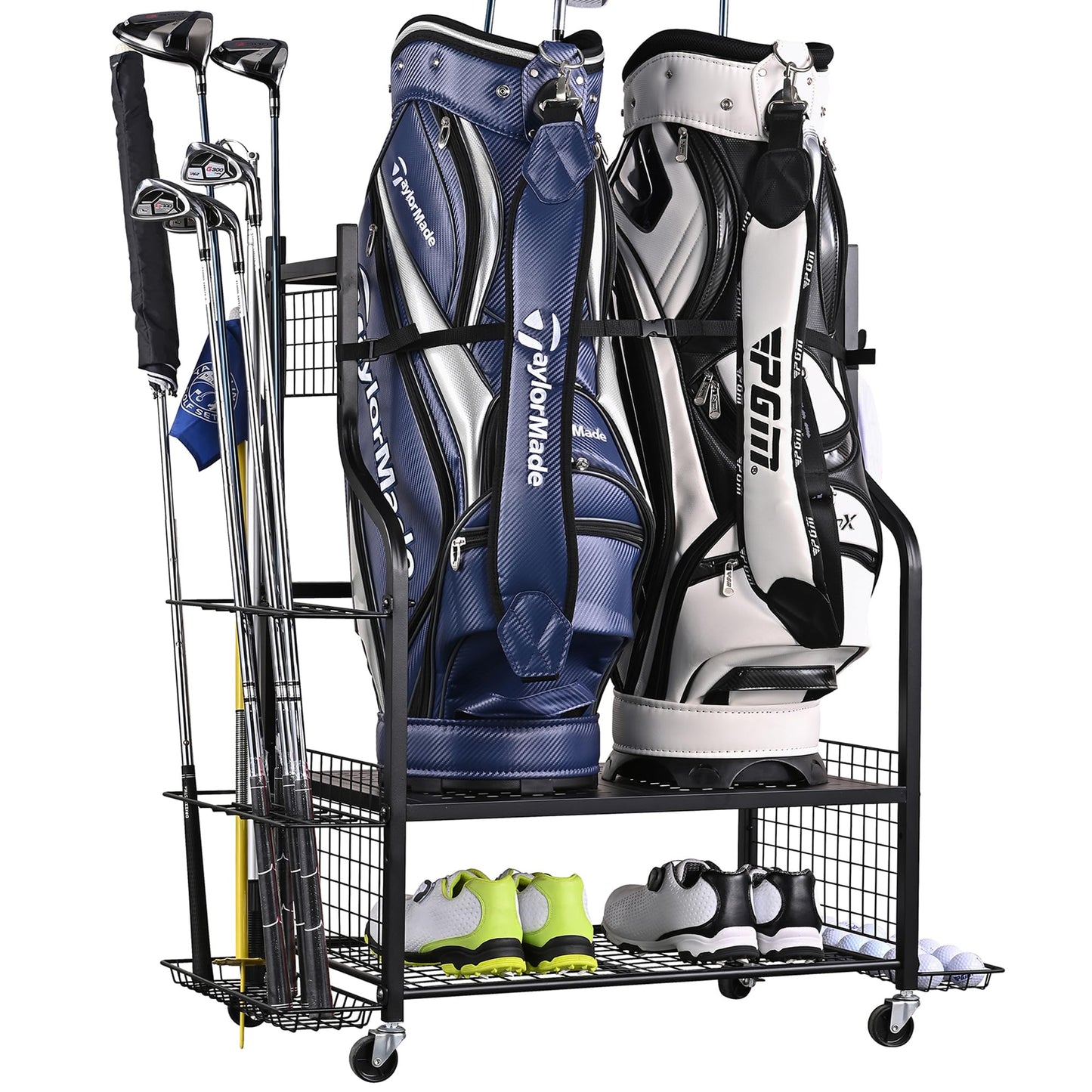 PLKOW Golf Storage Golf Bag Organizer Fits for 2 Golf Bags Golf Clubs Golf Equipment, Golf Bag Holder Golf Organizer for Garage Shed Basement