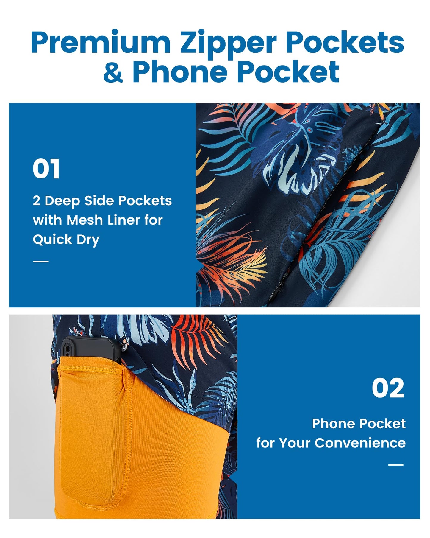 maamgic 2 in 1 Mens Swim Trunks 7 Inch Swim Shorts Swim Suits Board Shorts Palm Navy-Orange X-Small