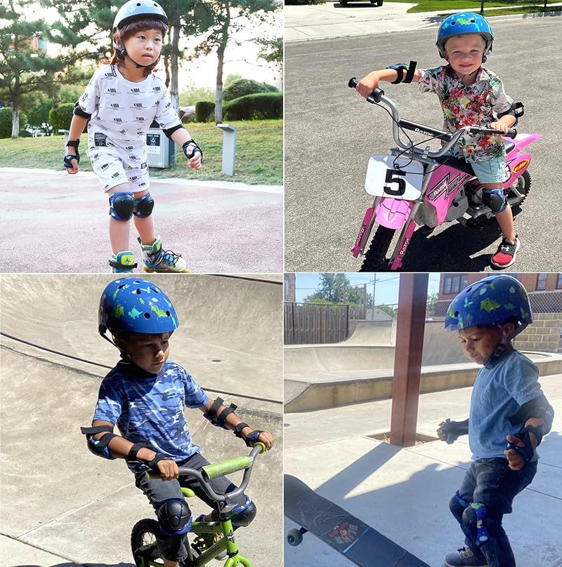 Kids Protective Gear Set 7-in-1 with Helmet, Knee, Elbow & Wrist Guards - Blue, 5-8 Years