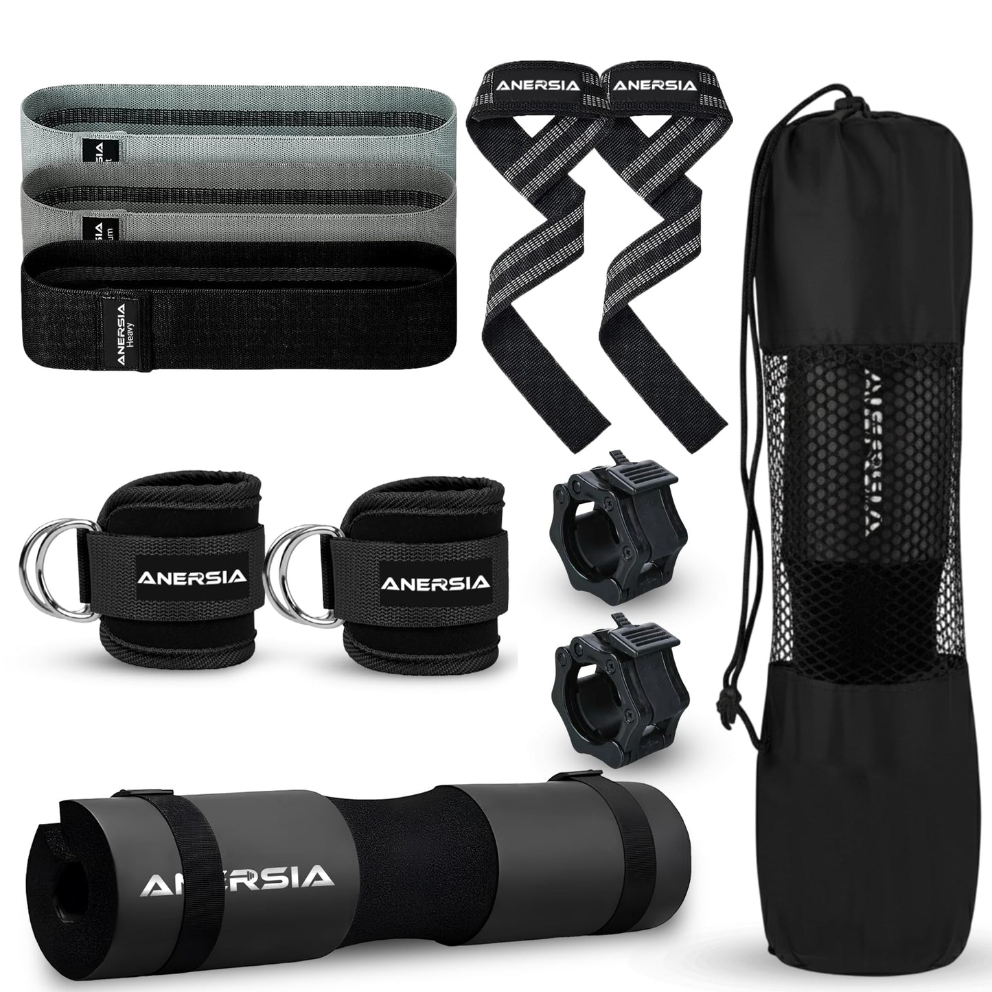 ANERSIA 10 in 1 Barbell Pad Set for Squats & Hip Thrust – Barbell Pad with Resistance Bands, Lifting Straps, Ankle Straps & Barbell Clamps – Weightlifting Accessories Kit for Home Gym