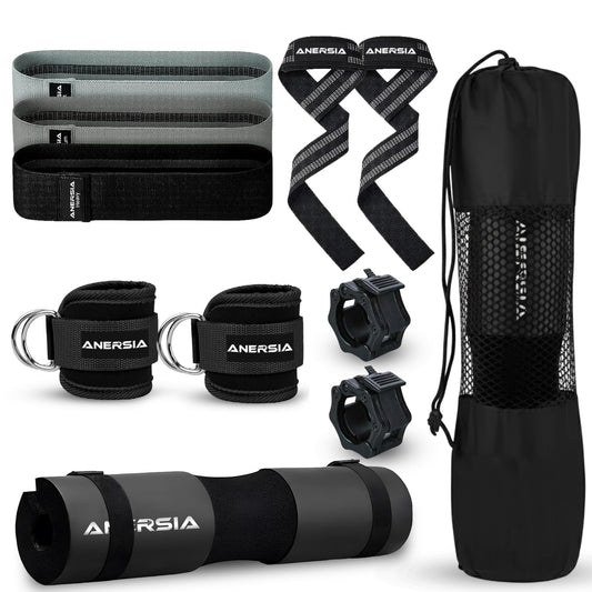 ANERSIA 10 in 1 Barbell Pad Set for Squats & Hip Thrust – Barbell Pad with Resistance Bands, Lifting Straps, Ankle Straps & Barbell Clamps – Weightlifting Accessories Kit for Home Gym