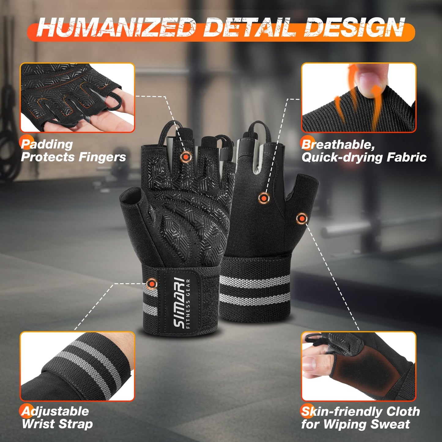 SIMARI Wrist Support Workout Gloves for Men & Women, Weight Lifting Gloves with Padded, Grip, Palm Protection, Gift for Gym Exercise, Cycling, Weightlifting Training, Kayaking, Fitness (Black Gray-M)