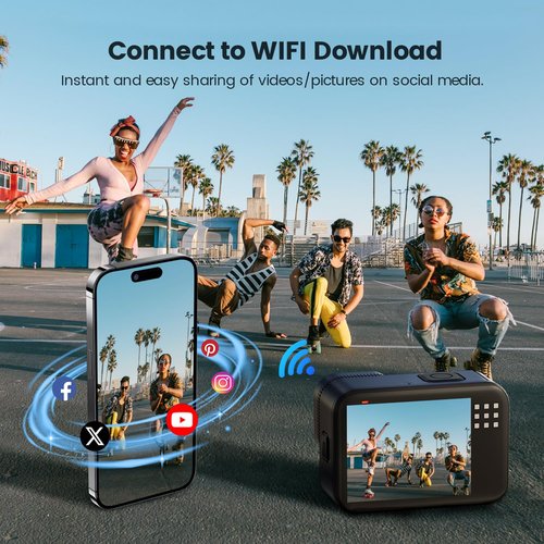 Euorosi 4K 60FPS 48MP WiFi Action Camera with Touch Screen, 50FT Underwater Waterproof Camera, No Case Needed, EIS Motorcycle Camera, 8X Zoom, 64GB Card, Remote Control, Batteries & Mounting Kits