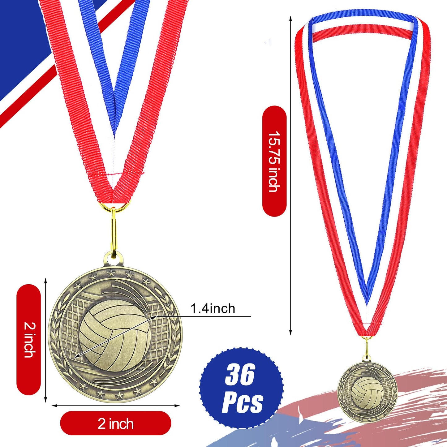 Equsion 36 Pcs 2'' Gold Medals Bulk Volleyball Football Basketball Soccer Baseball Archery Dink Ball Cheer Track Bowling Awards Medals with Ribbons for Sports Participation Winner Gift(Volleyball)