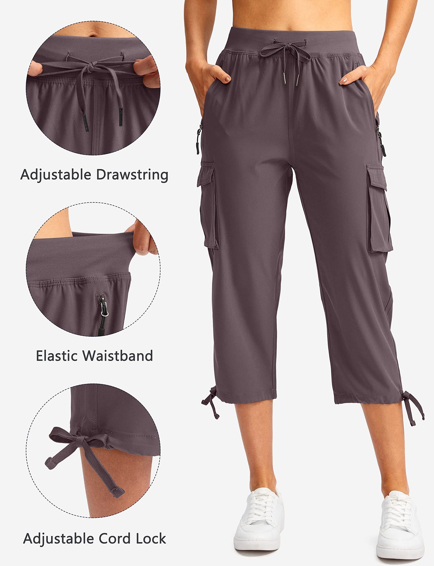 Soothfeel Women's Cargo Capris Pants with 6 Pockets Lightweight Quick Dry Travel Hiking Summer Pants for Women Casual (Dusty Purple, L)