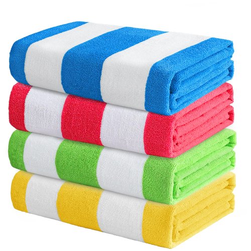 Exclusivo Mezcla 4 Pack Beach Towels, Large Microfiber Striped Beach Bath Pool Towel Set for Kids and Adults, Lightweight and Absorbent, 30x60 Inches, Blue/Green/Yellow/Pink